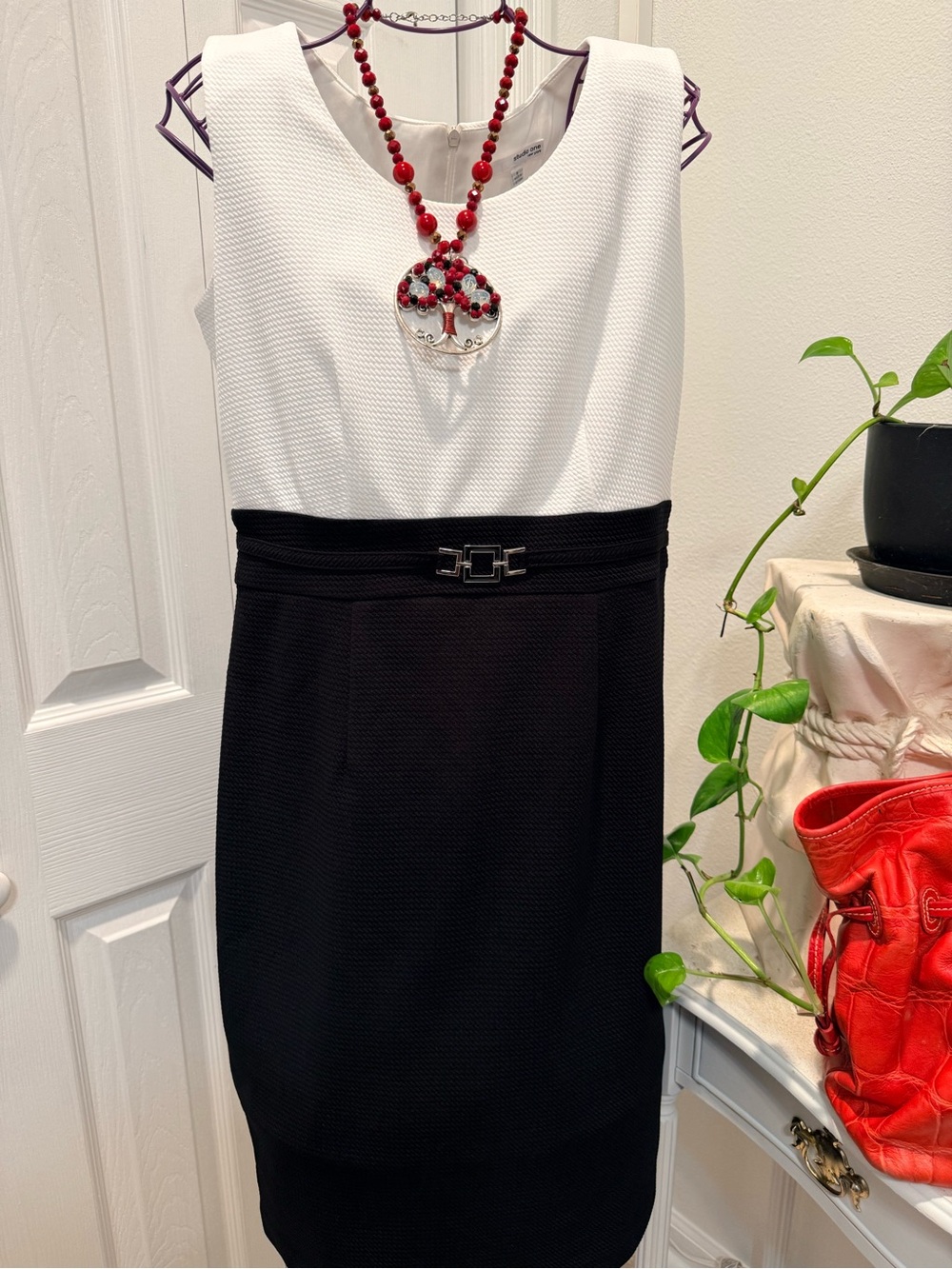 Studio One Black and White Sheath Dress with Waist Accent